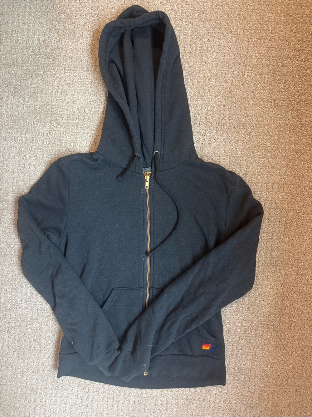 Aviator Nation Black Zip-Up Hoodie with Small Rainbow Patch and lightning bolt
